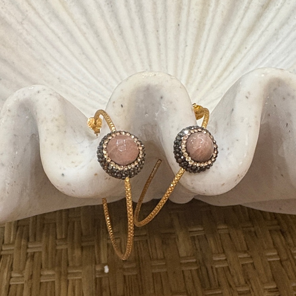 Gold Hoop Earrings with Pink Stone Accents